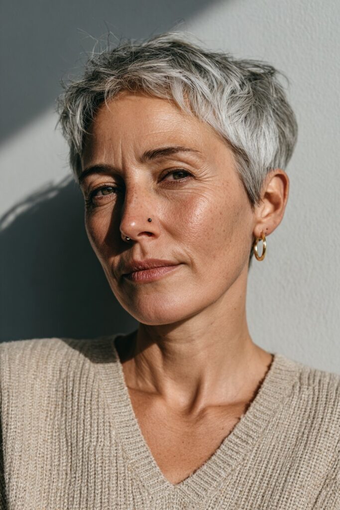 Choppy blunt cut with textured silver bob.