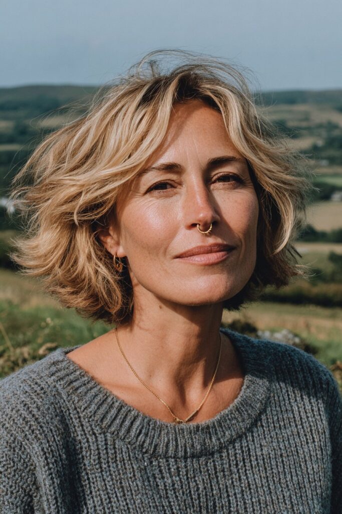 Choppy layered bob hairstyle for older women.