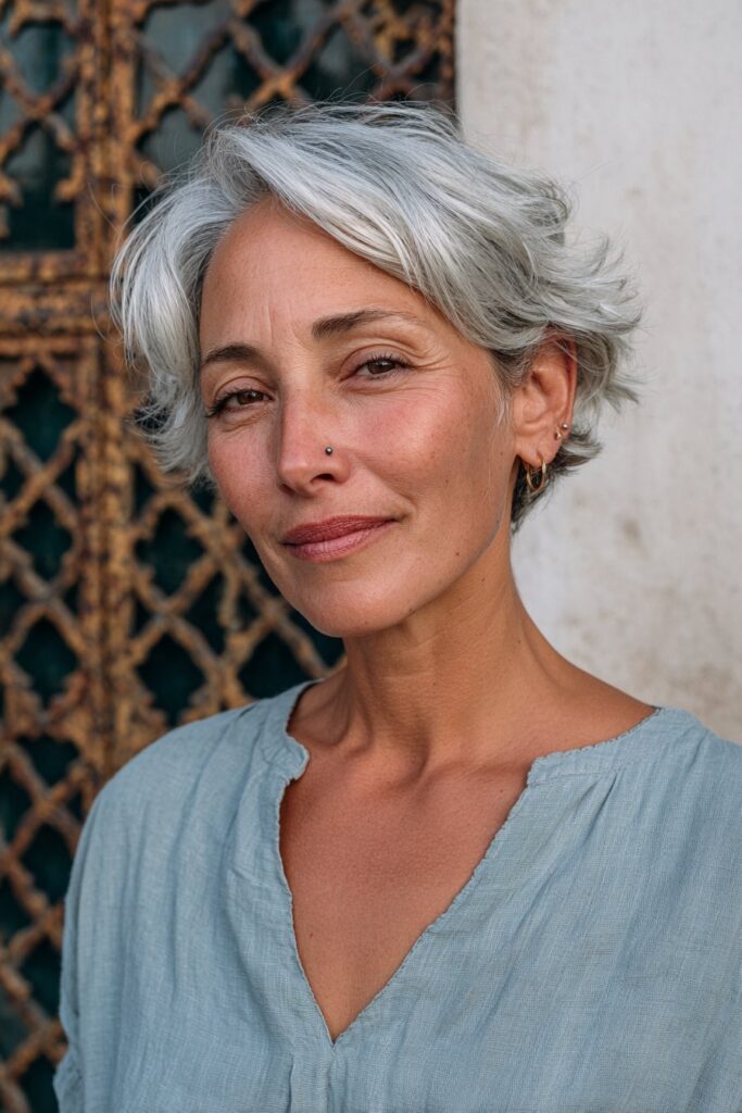 Choppy feathered haircut for women over 50.