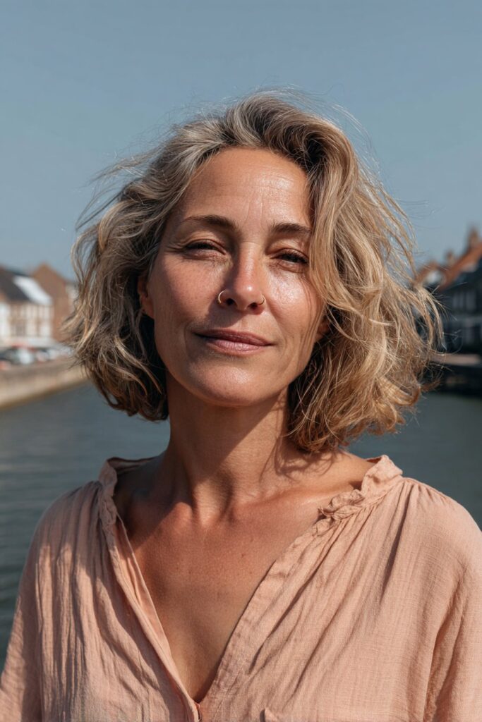 Choppy medium-length layered haircut for older women.