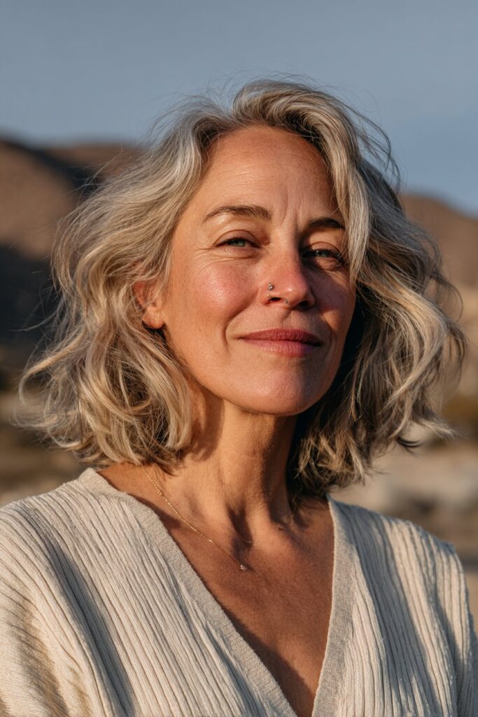 Choppy lob hairstyle for mature women.
