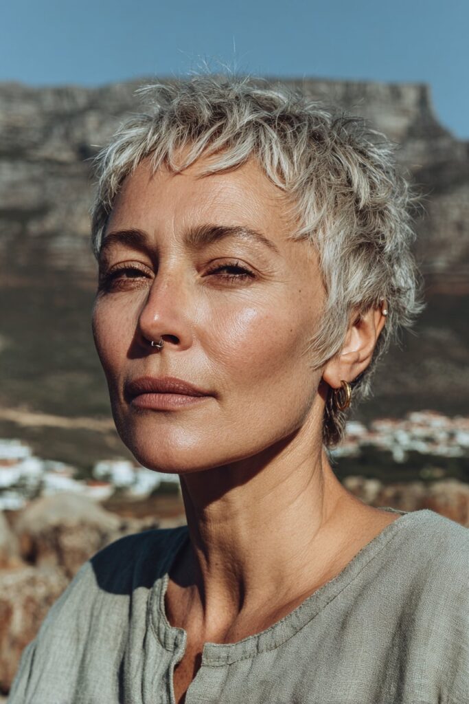 Choppy pixie cut for women over 50.