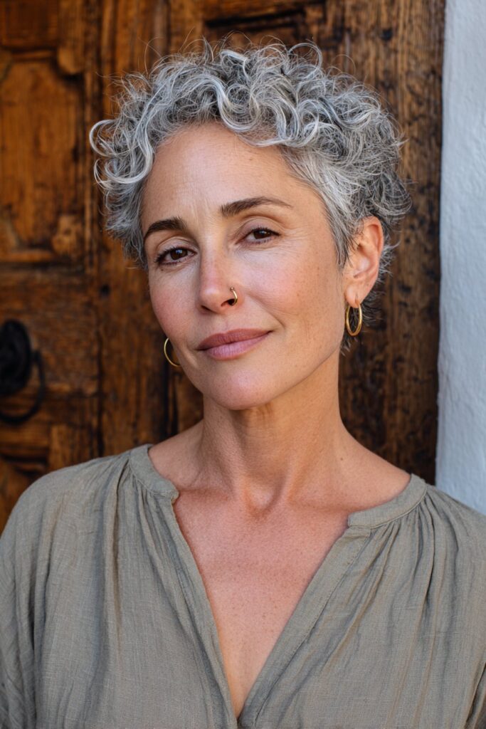 Choppy silver and gray hairstyle for older women.