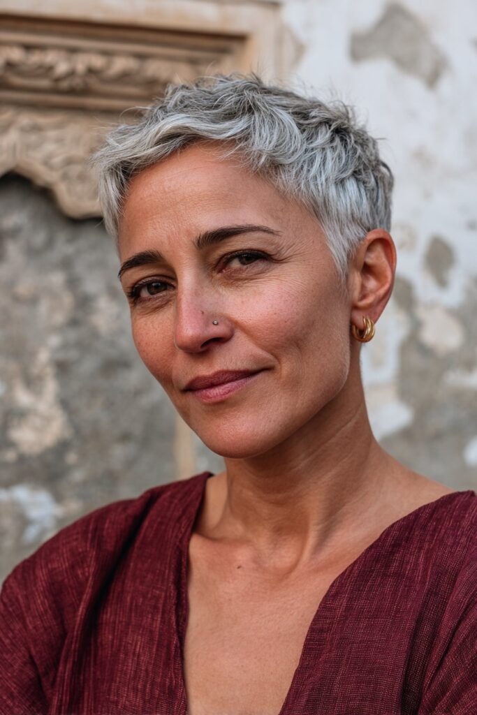 Choppy textured pixie bob for women over 50.