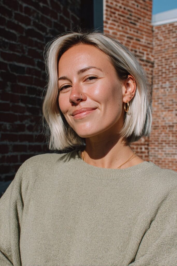 Classic blunt bob hairstyle on smiling woman.