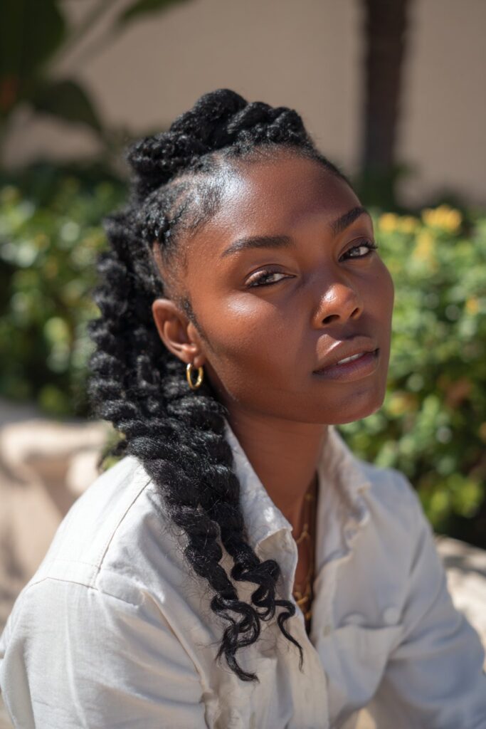 Black woman with classic kinky twist braids and medium-sized twists.