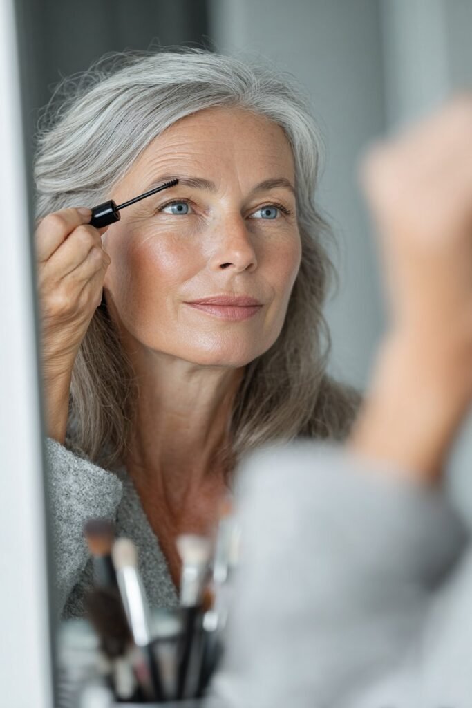Mature woman setting her eyebrows in place with a brow gel wand.