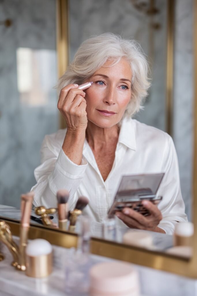 Mature woman using a cream eyeshadow stick for easy eye makeup application.