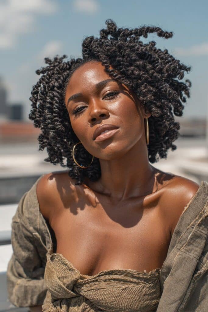 Black woman with crochet braids and full kinky curly hair.
