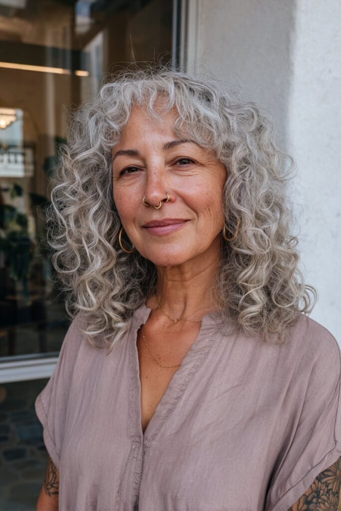Older woman with curly bangs and long layers.