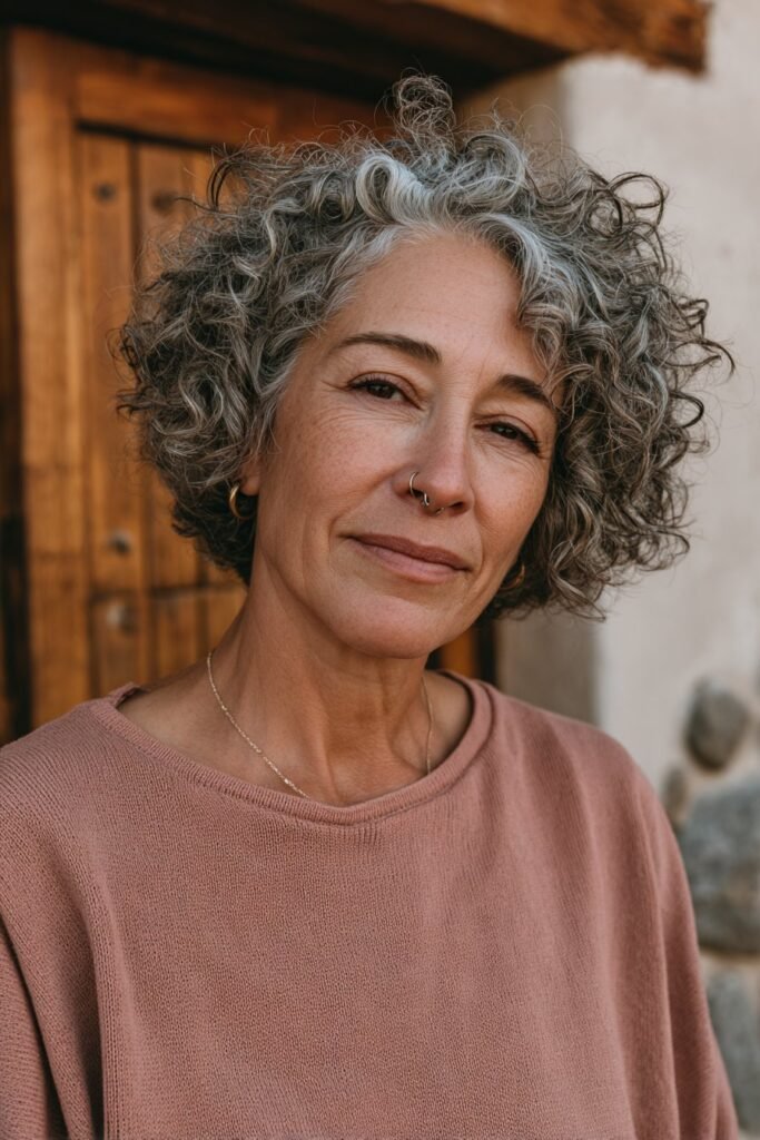 Older woman with textured curly bixie cut.