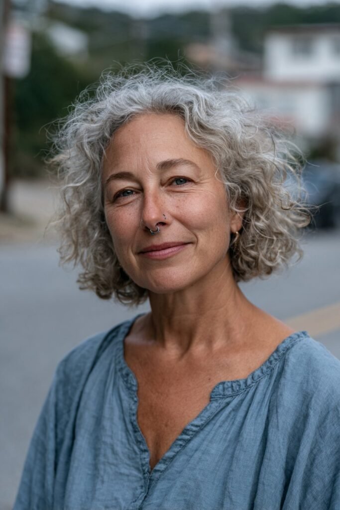 Older woman with curly halo crop hairstyle.