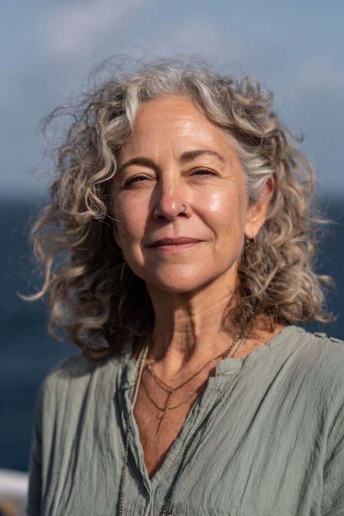 Older woman with curly mid-length layered hair.