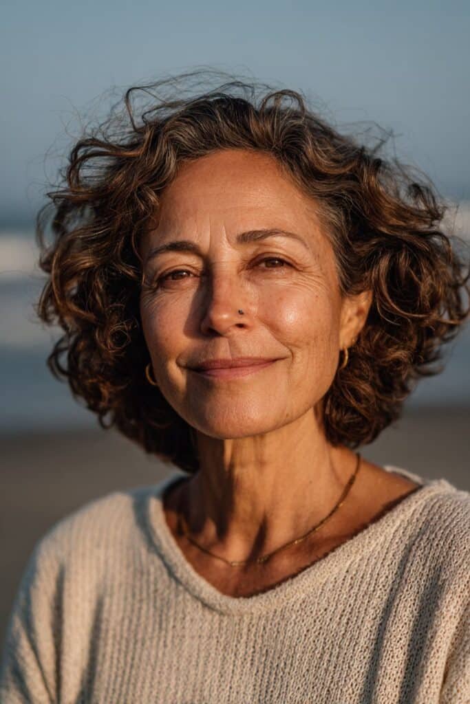 Older woman with curly neck length bob hairstyle.