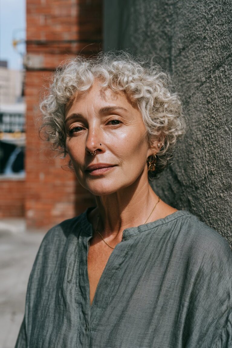 Older woman with curly pixie and soft bangs.