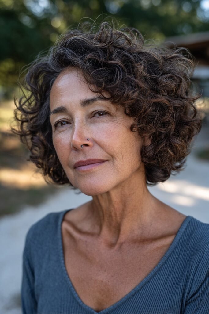 Older woman wearing a curly shag haircut.