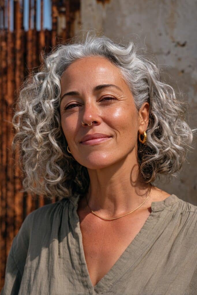 Older woman with curly side-part hairstyle.
