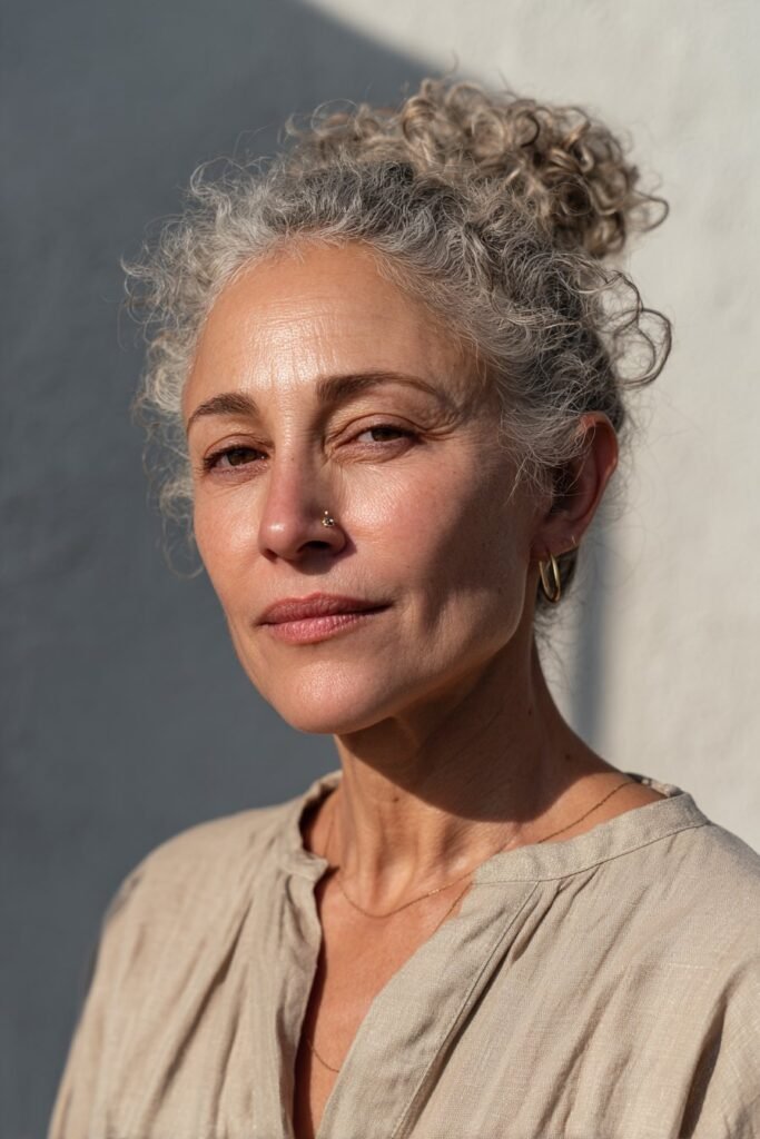 Older woman with curly top knot hairstyle.