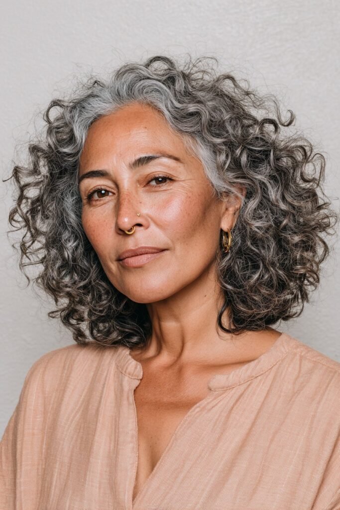 Older woman with curly wash and go hairstyle.