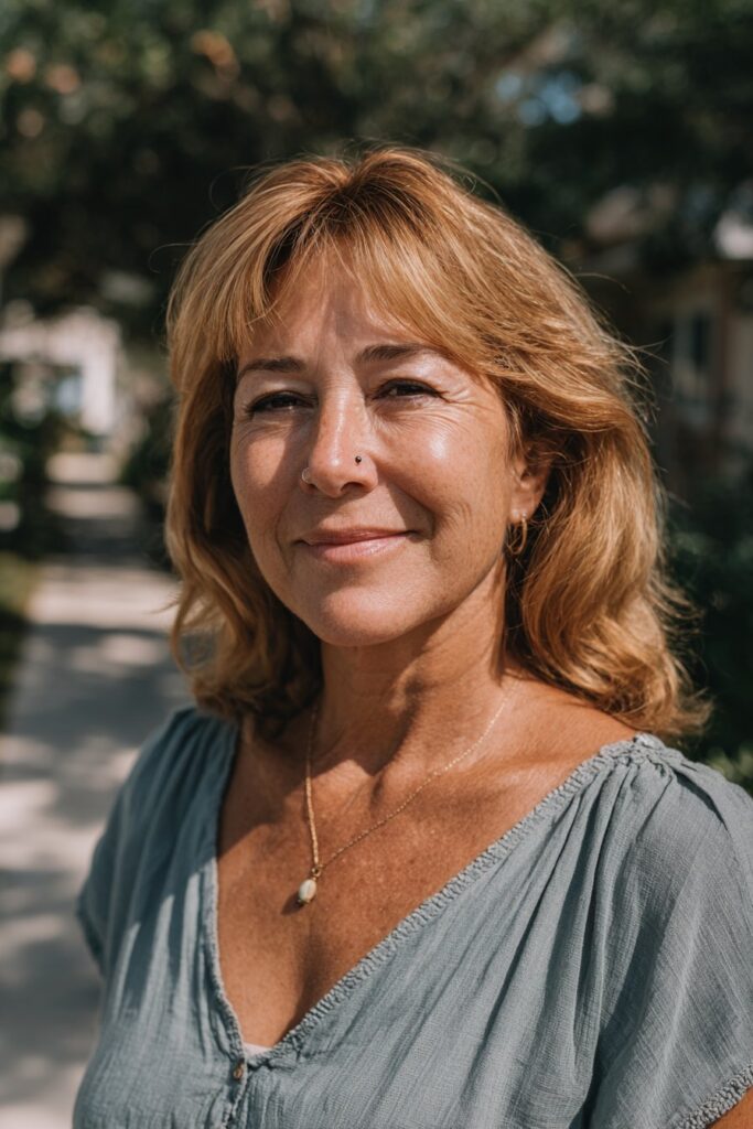 Curtain bangs with long blonde layers on older woman.