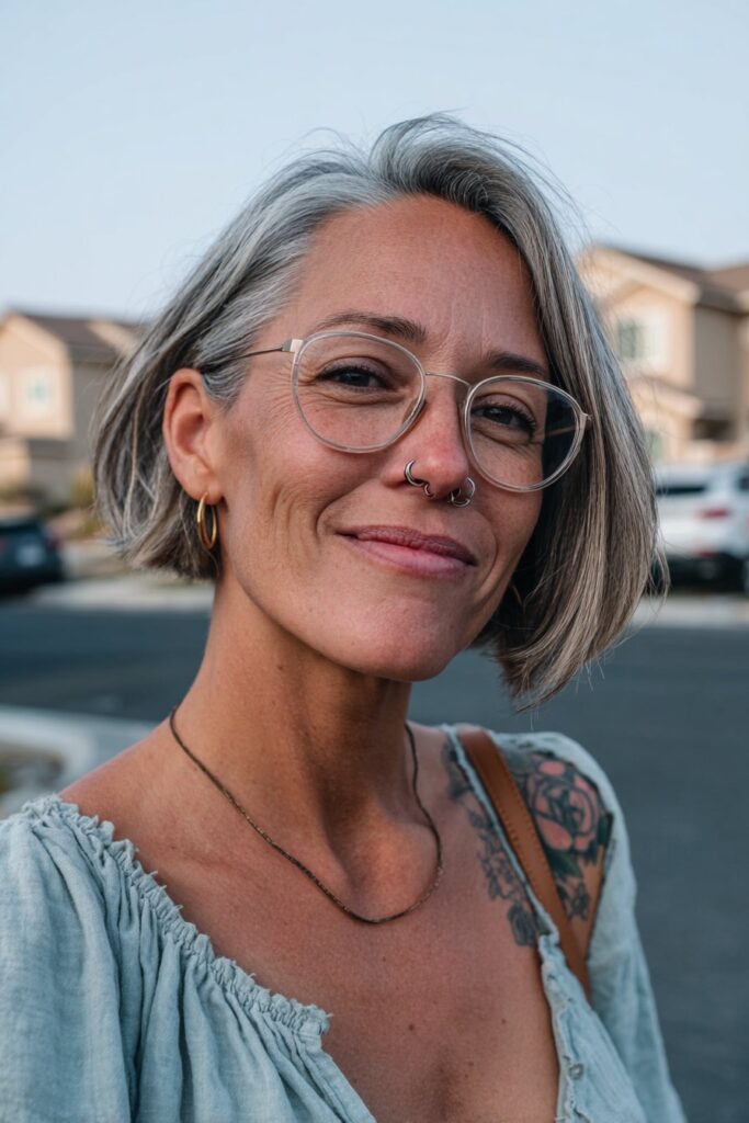 Disconnected undercut bob hairstyle for women over 50.