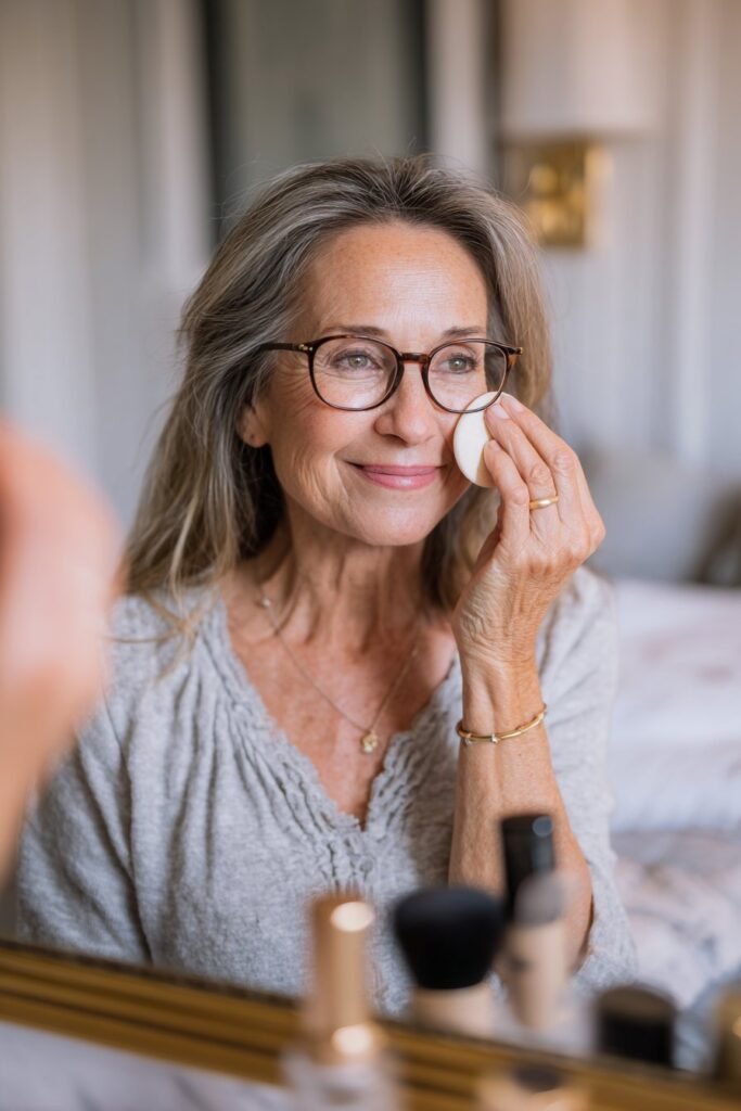 Older woman with glasses blending lightweight foundation around the nose area.
