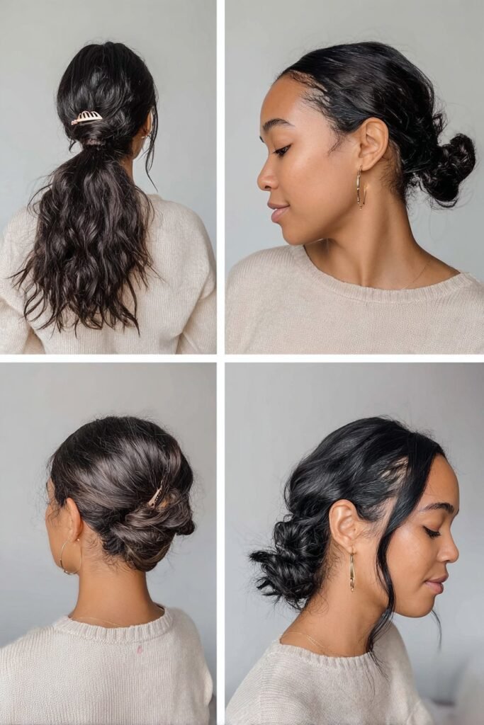 Beginner-friendly claw clip hairstyles showing easy ways to put hair in a claw clip.