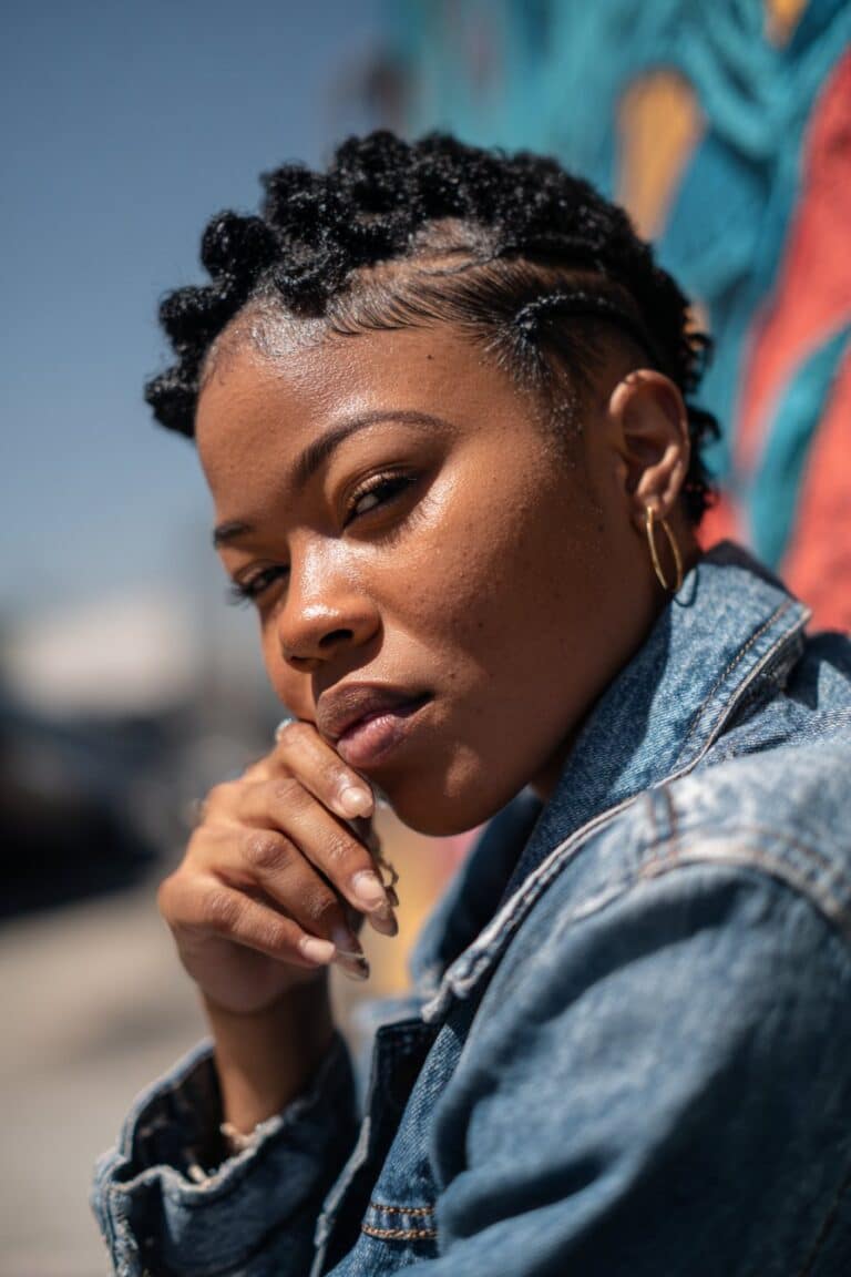 Finger waves blended with box braid accents in a creative protective style, set against an urban mural background.