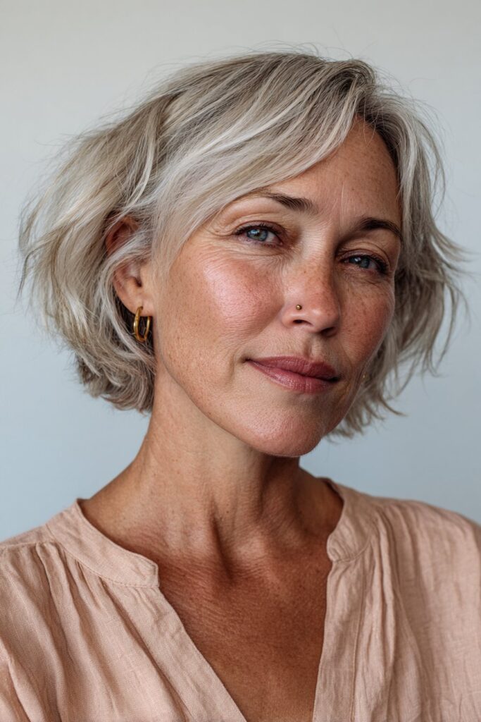Short layered cut with frosted blonde tips.