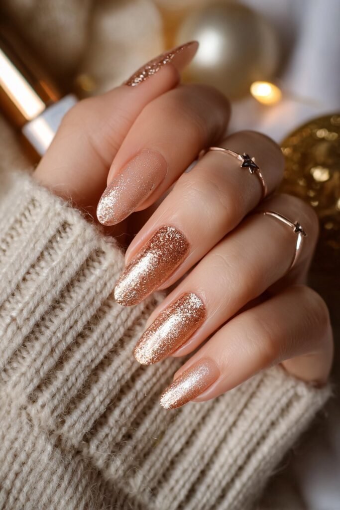 Golden glitter nails in warm peach and champagne tones.