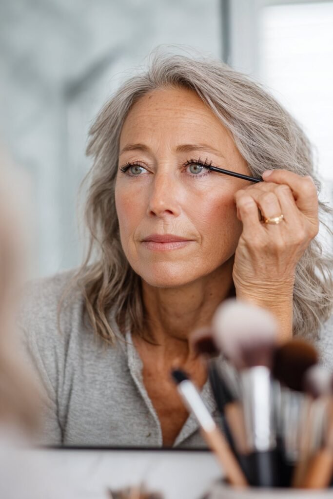 Mature woman applying false eyelashes to enhance volume and eye definition.