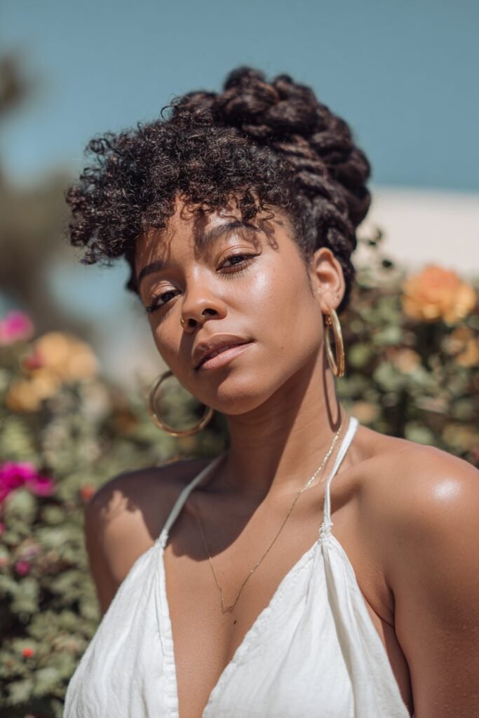 Black woman wearing a halo braid created from kinky curly hair.