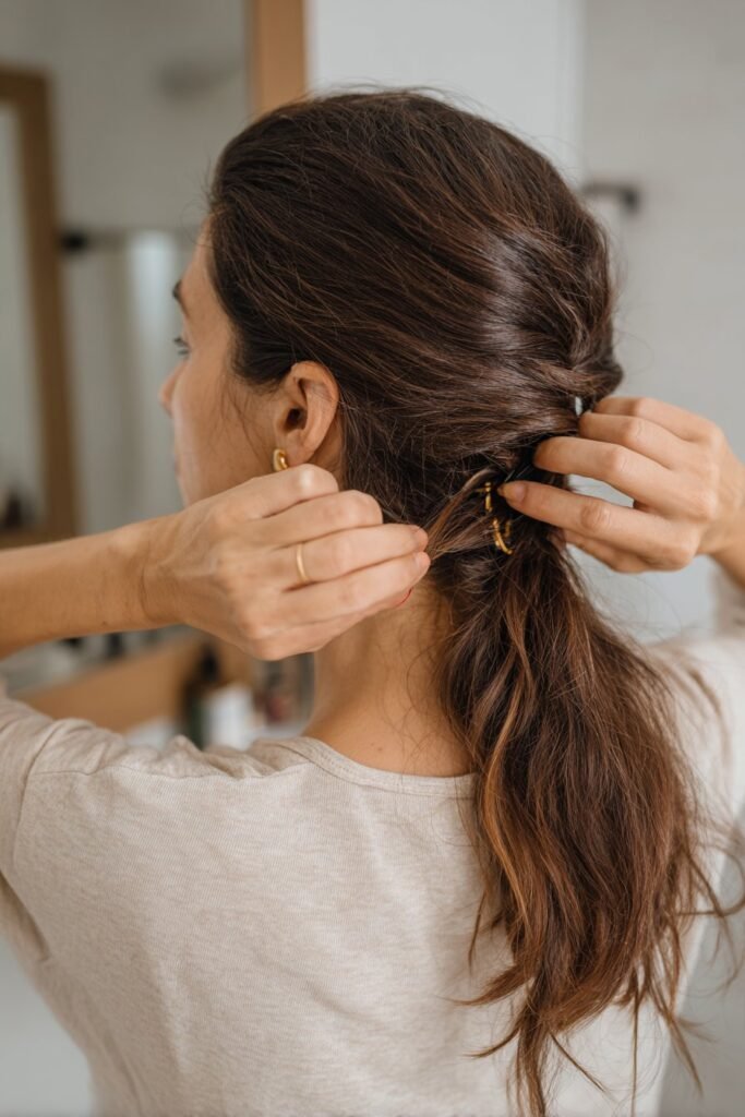 Woman demonstrating how to put hair in a claw clip using a simple twisted updo technique.