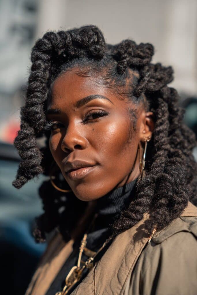 Black woman wearing jumbo kinky twist braids with bold volume.