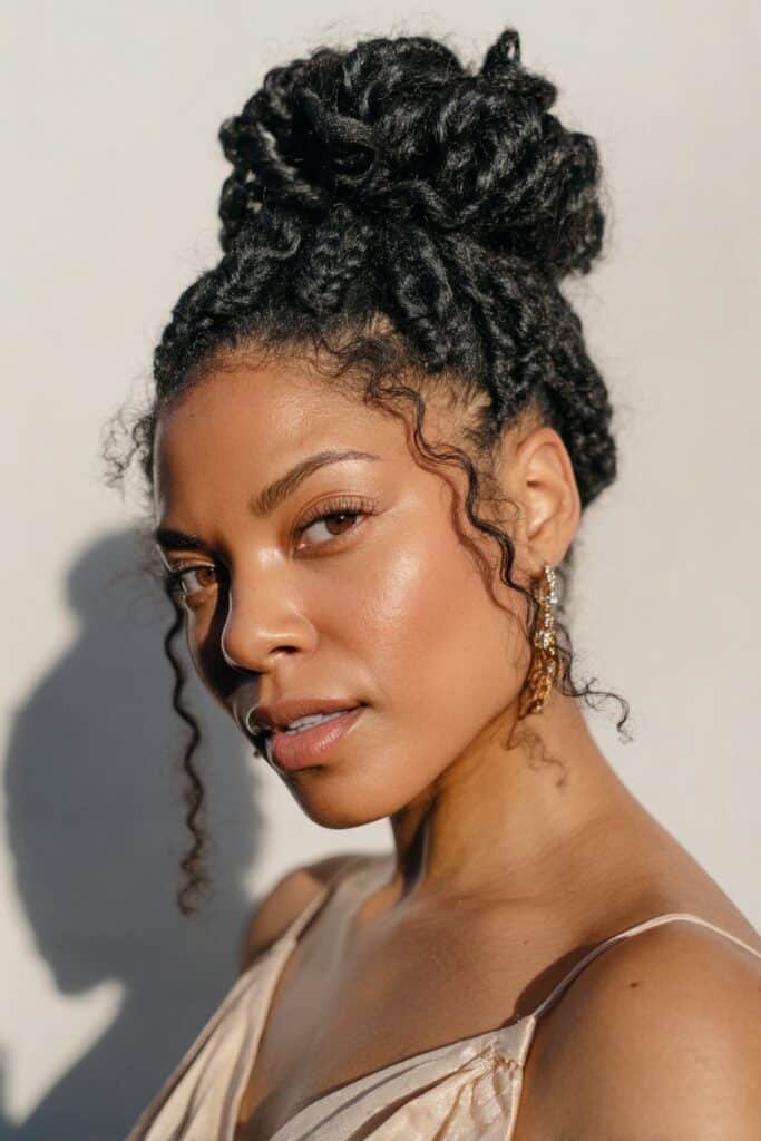 Black woman with a kinky curly updo and soft face-framing coils.