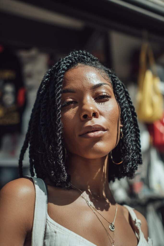 Black woman wearing a kinky twist bob with chin-length twists.