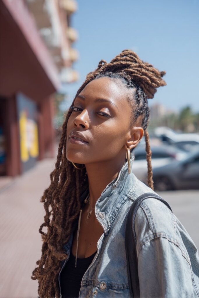 Black woman wearing a half-up half-down kinky twist hairstyle.