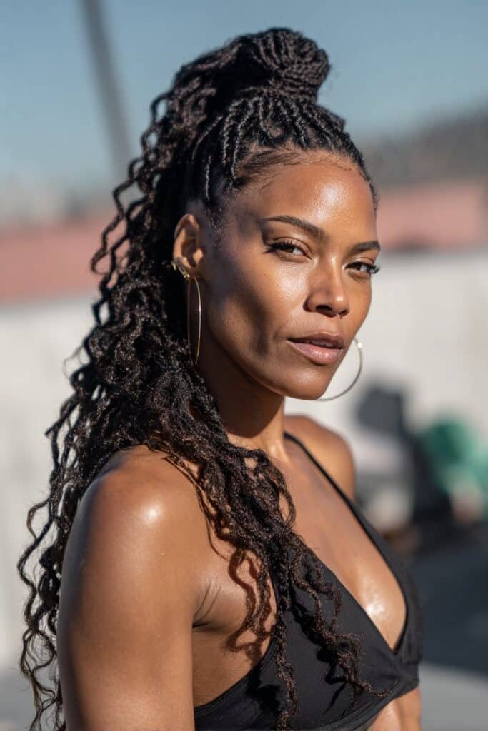 Black woman wearing a high ponytail with cascading kinky twists.