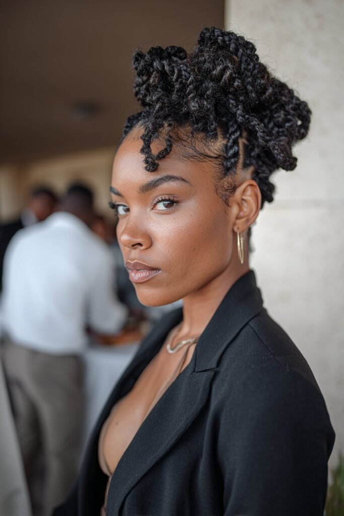 Black woman with kinky twist braids styled in an elegant updo.