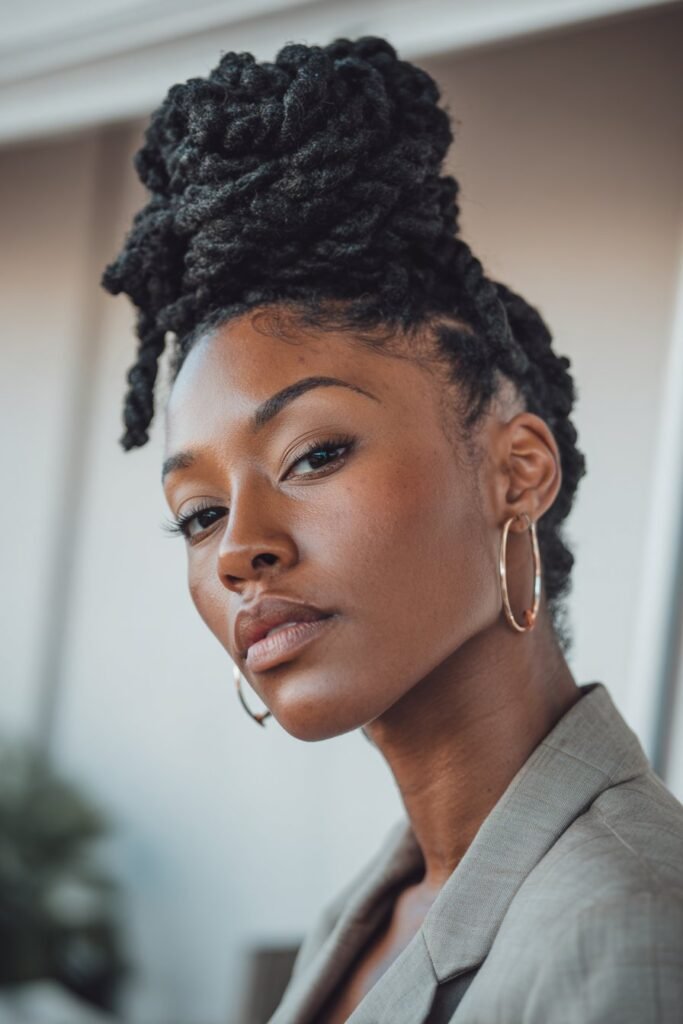 Black woman wearing a kinky twist updo with elegant face-framing pieces.