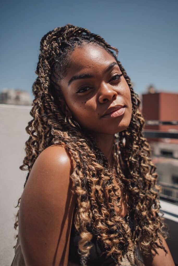Black woman with kinky twists featuring caramel and honey highlights.