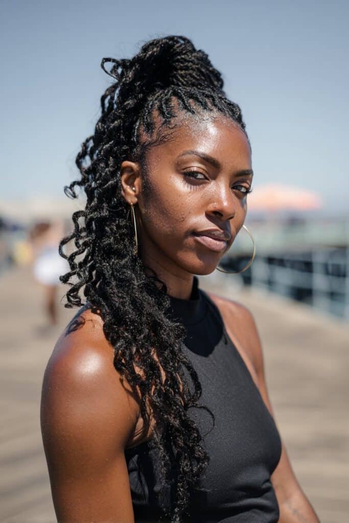 Black woman wearing a high ponytail with kinky twist braids.