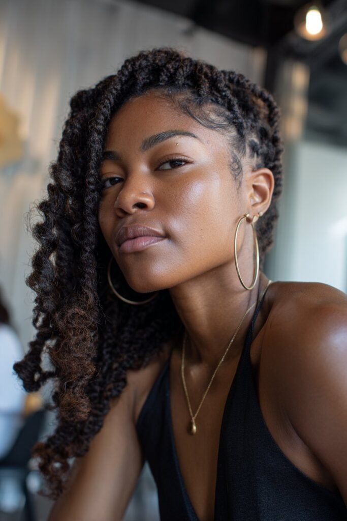 Black woman with kinky twist braids styled in a deep side part.