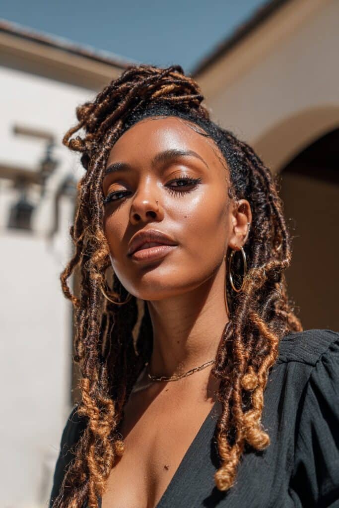 Black woman with kinky twist braids and caramel highlights.