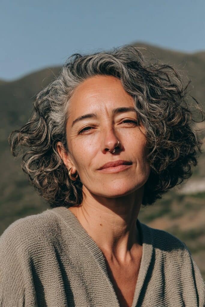 Older woman with layered curly bob hairstyle.