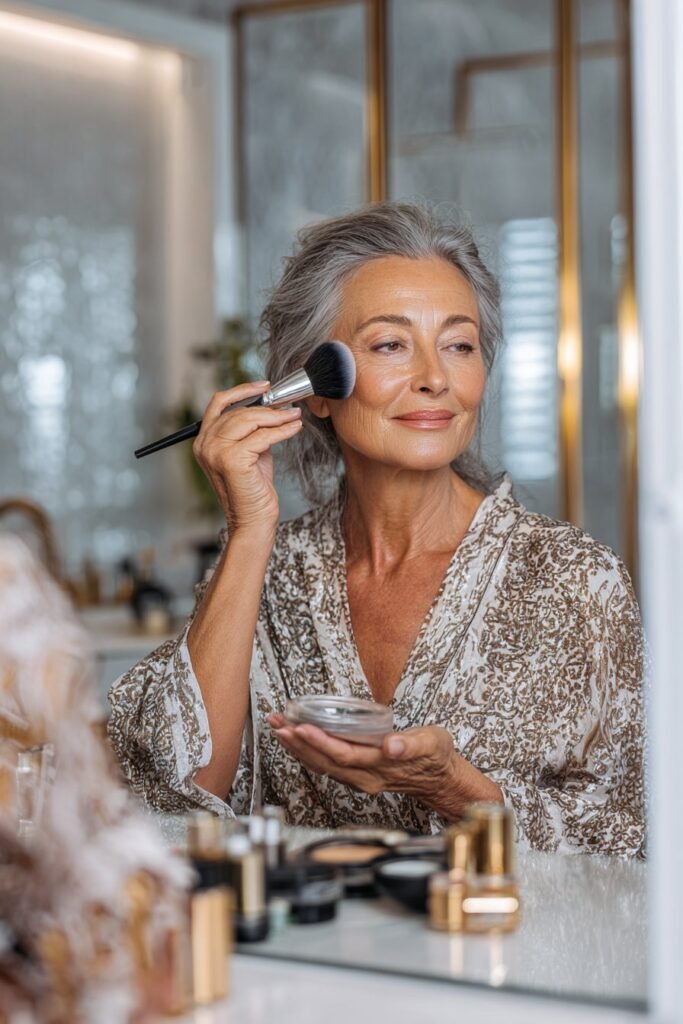 Mature woman setting under-eye makeup with a light-reflecting powder.