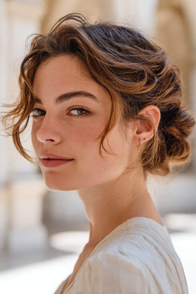 Woman with loose beach waves accented by an elegant low bun.