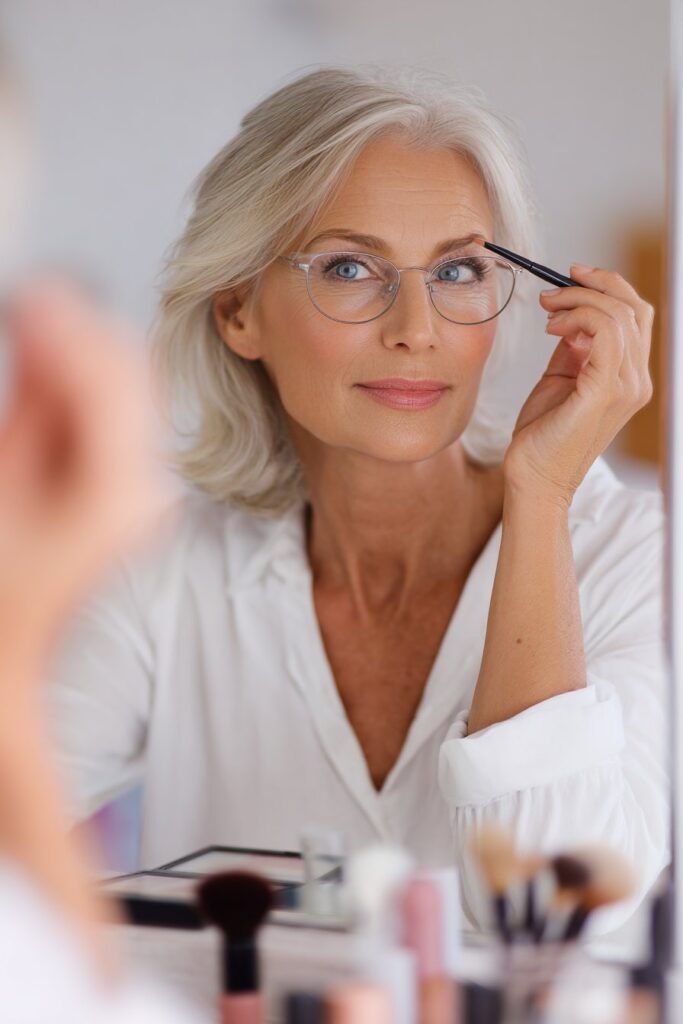 Mature woman with glasses shaping her brows with a brow pencil at a vanity mirror.