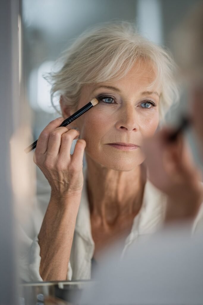 Mature woman blending a transition shade into the crease for added depth.