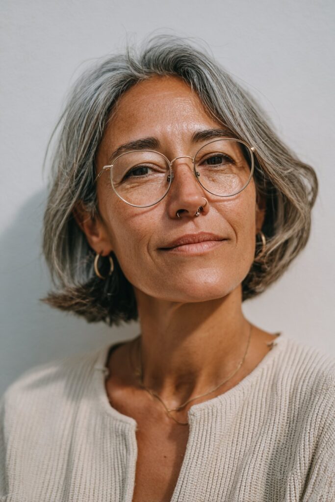 Micro bob with blunt ends on older woman.